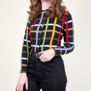 Vintage Plaid Knit Wool Crop Cardigan Sweater Preppy Colorful Rainbow Cropped